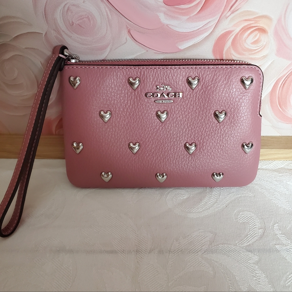 Coach Pink Wristlet with Silver Heart Studs Valentine'S 2026 NEW Factory Wrapped - Picture 7 of 11